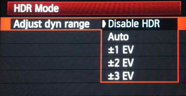 Screen shot of HDR dynamic range settings