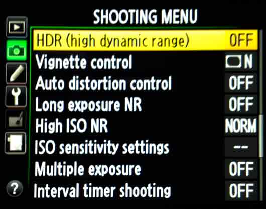 Screen shot of shooting menu