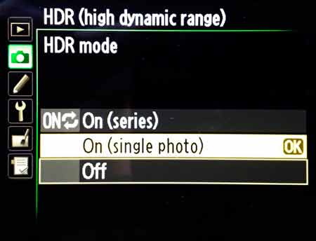Screen shot of HDR mode submenu