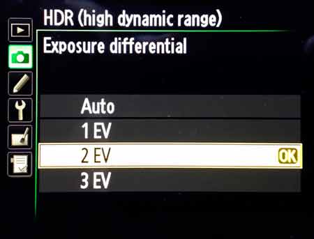 Screen shot of HDR exposure differential submenu